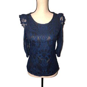 Vero Moda Womens Size S Top Lace Blue Metallic Puff Sleeve Gold Sheer Knit Shirt